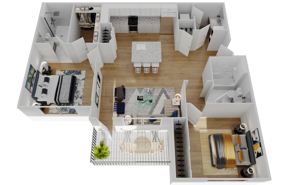 B1 - 2 bedroom floorplan layout with 2 baths and 926 square feet.