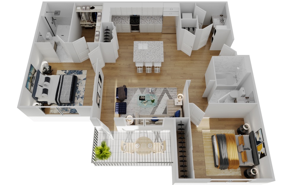 B1 - 2 bedroom floorplan layout with 2 bathrooms and 926 square feet