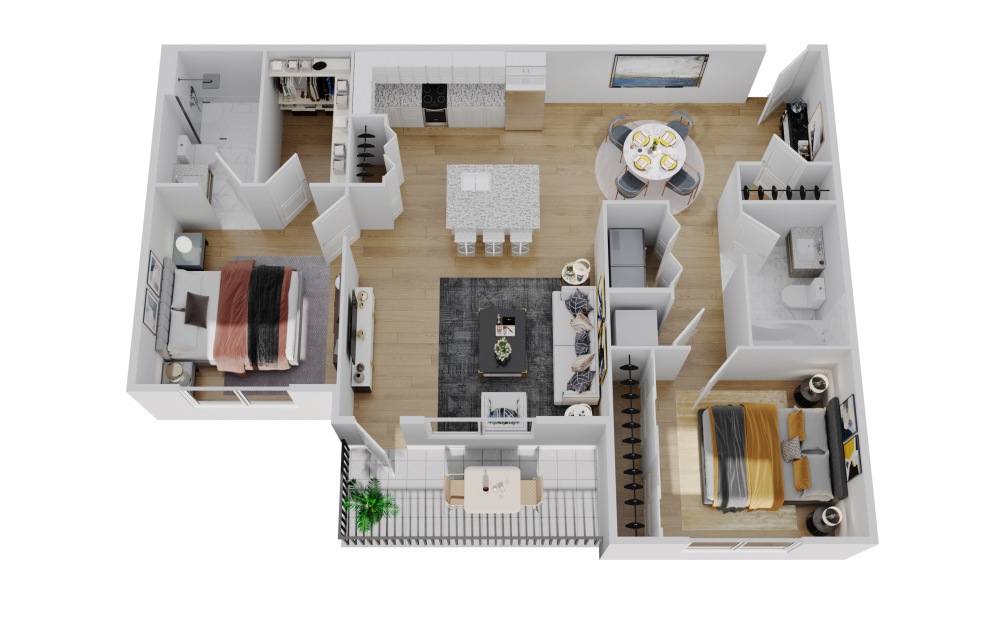 B3 - 2 bedroom floorplan layout with 2 baths and 1009 square feet.