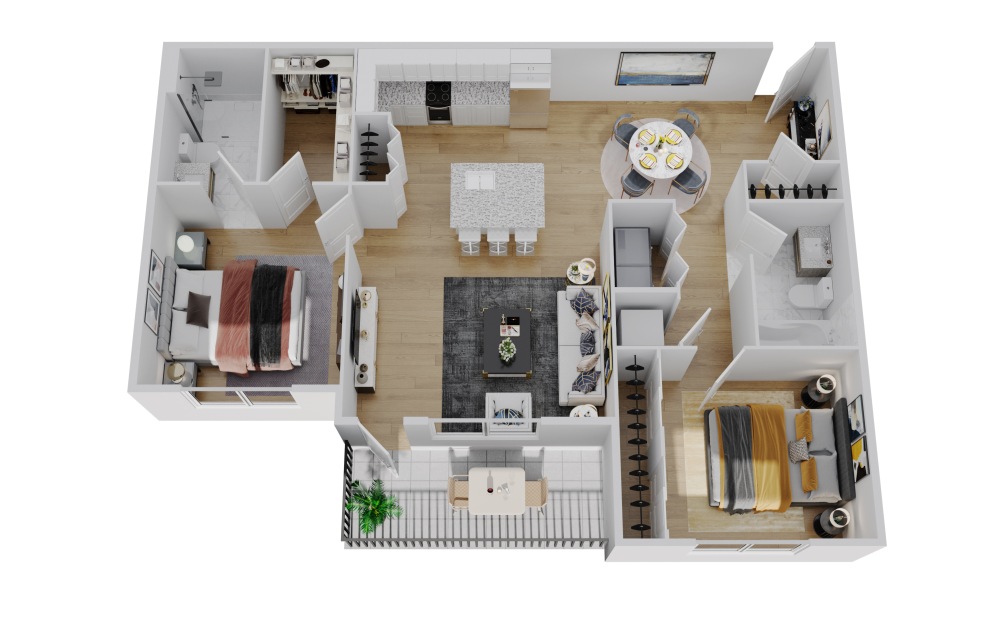 B3 - 2 bedroom floorplan layout with 2 bathrooms and 1009 square feet