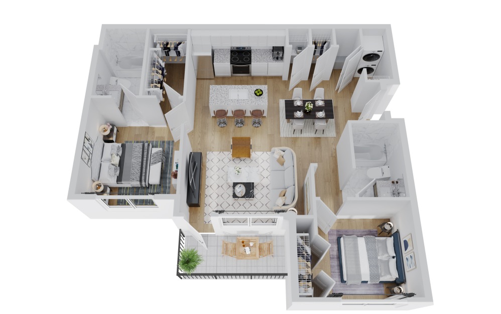 B2 - 2 bedroom floorplan layout with 2 bathrooms and 997 square feet