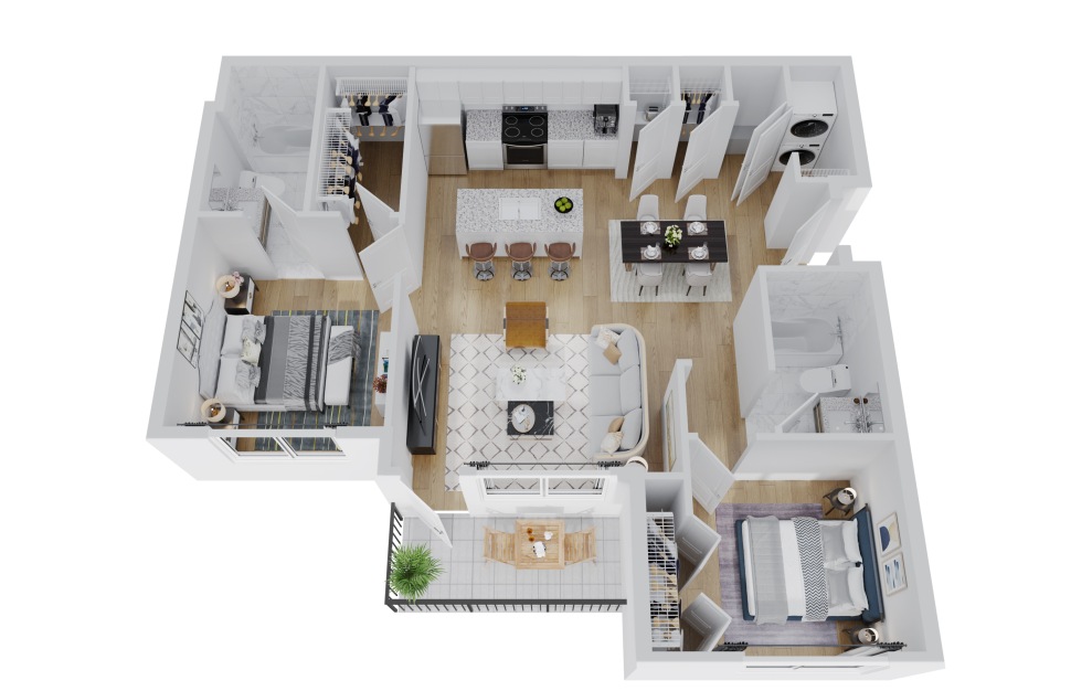 B2 - 2 bedroom floorplan layout with 2 baths and 997 square feet.