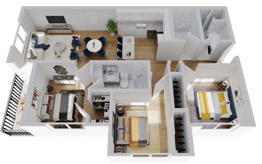 C2 - 3 bedroom floorplan layout with 2 bathrooms and 1130 square feet