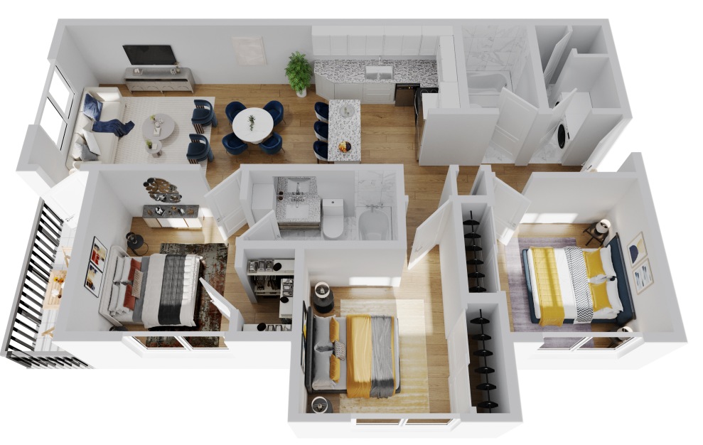 C2 - 3 bedroom floorplan layout with 2 baths and 1130 square feet.