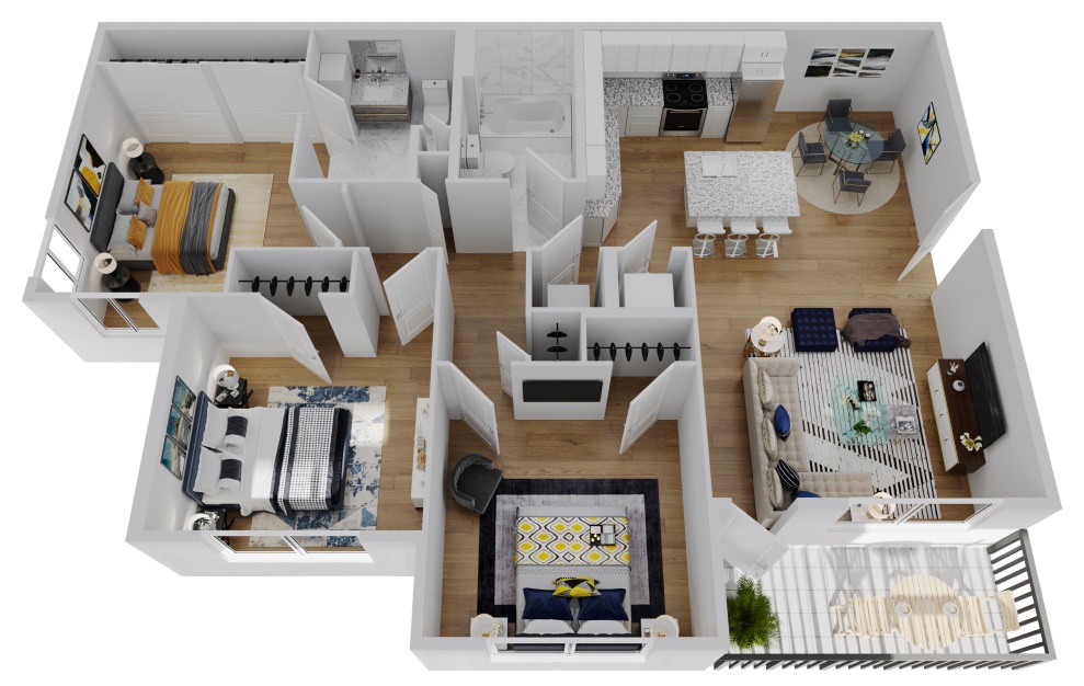 C1 - 3 bedroom floorplan layout with 2 baths and 1073 square feet.