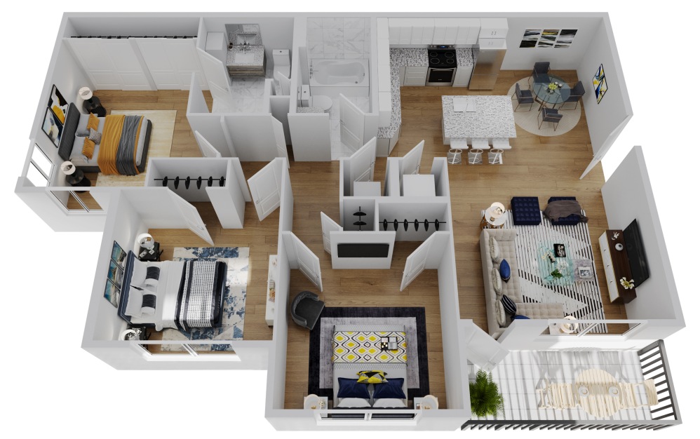 C1 - 3 bedroom floorplan layout with 2 bathrooms and 1073 square feet