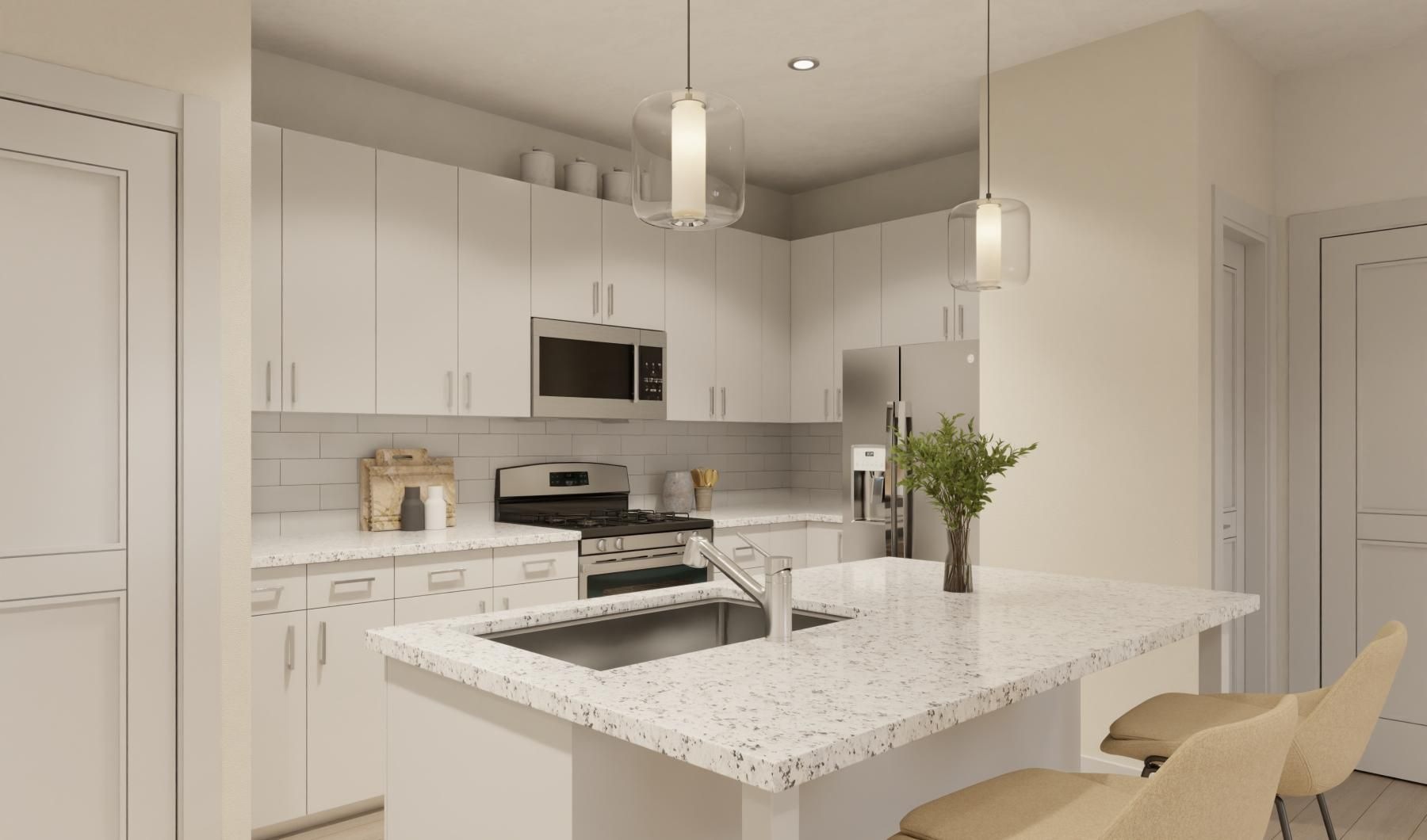 a kitchen with white cabinets